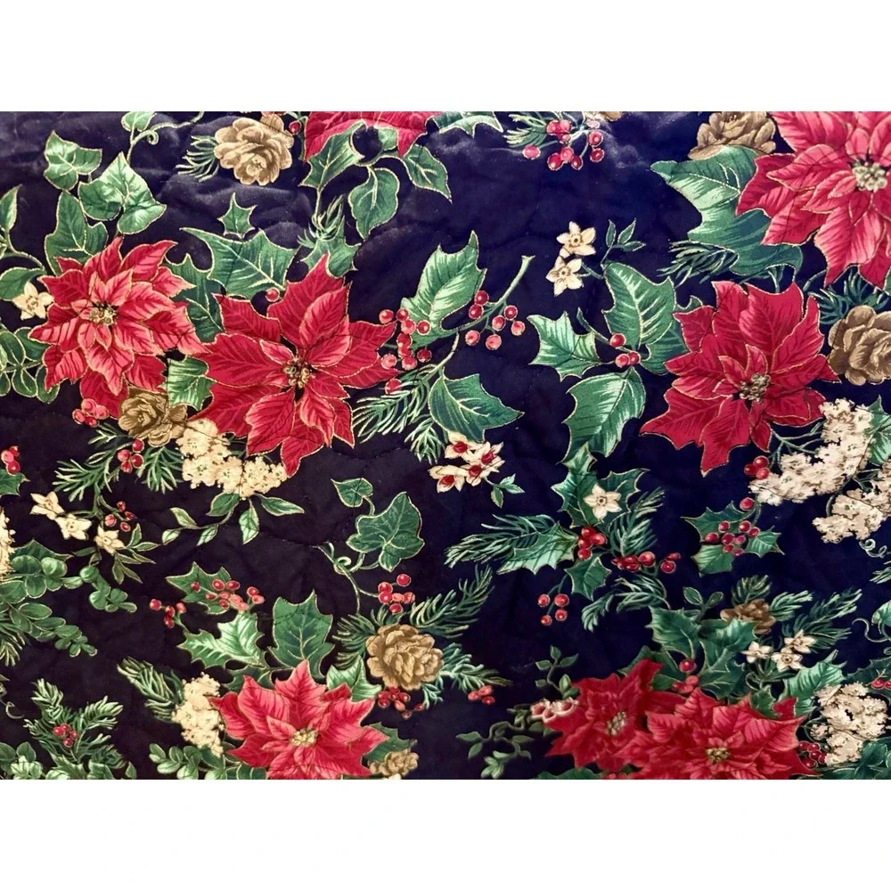 Vintage Reversible Quilted Christmas Table Topper Poinsettia Lace 45